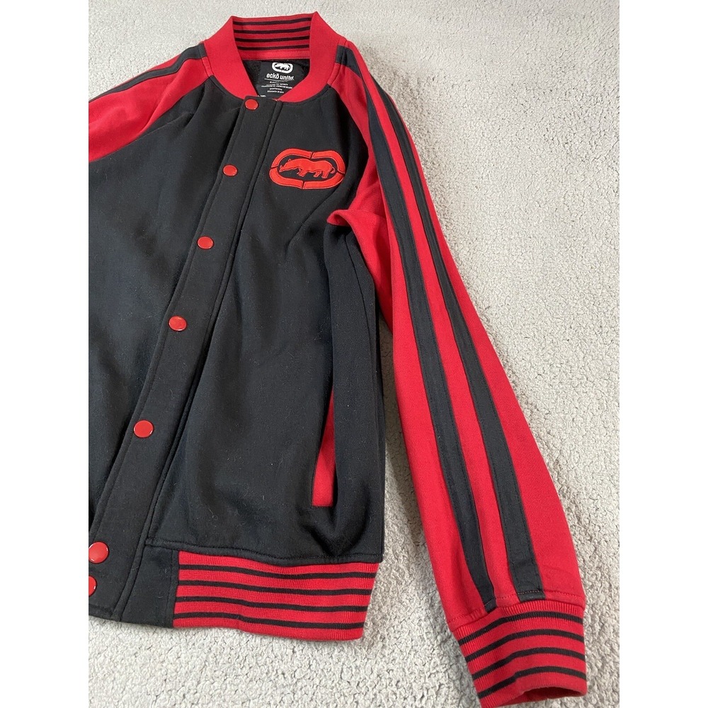 ECKO Jacket Mens Medium Black Red Varsity Snap Button Rhino Urban Streetwear - Picture 9 of 11